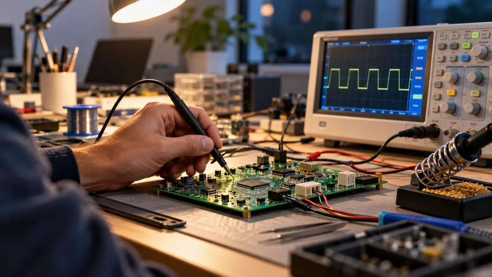 Mains d'un ingénieur testant une carte électronique reliée à un oscilloscope