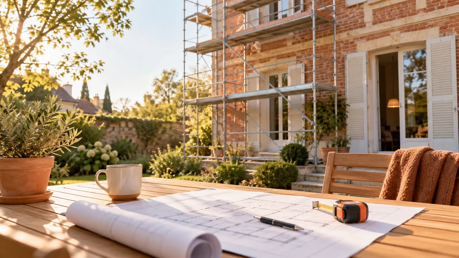 Maison en briques en rénovation avec échafaudage, plans et outils posés sur une table de jardin
