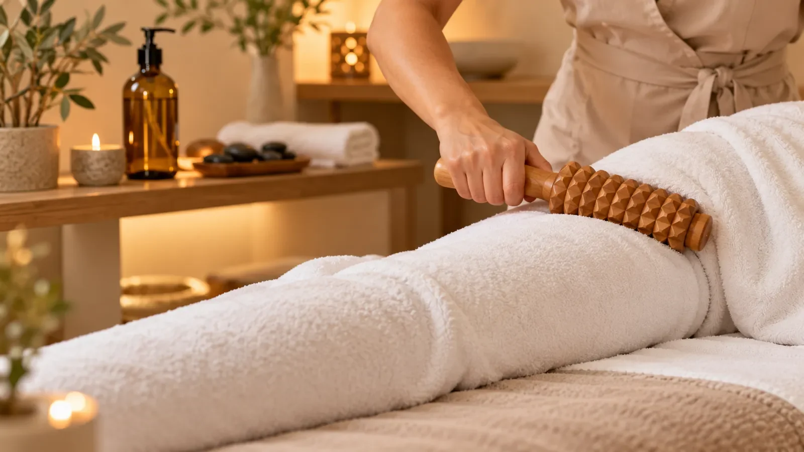 Mains d'une praticienne massant l'arrière d'une cuisse dans une cabine de spa