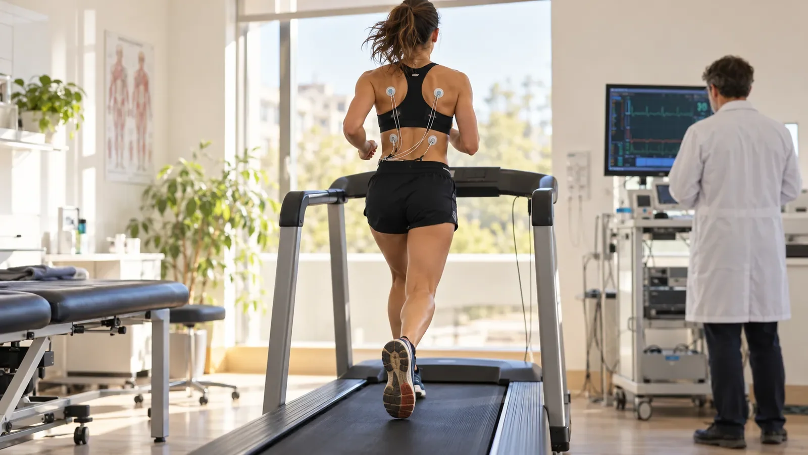 Coureuse de dos sur un tapis de course pendant un test d'effort médical