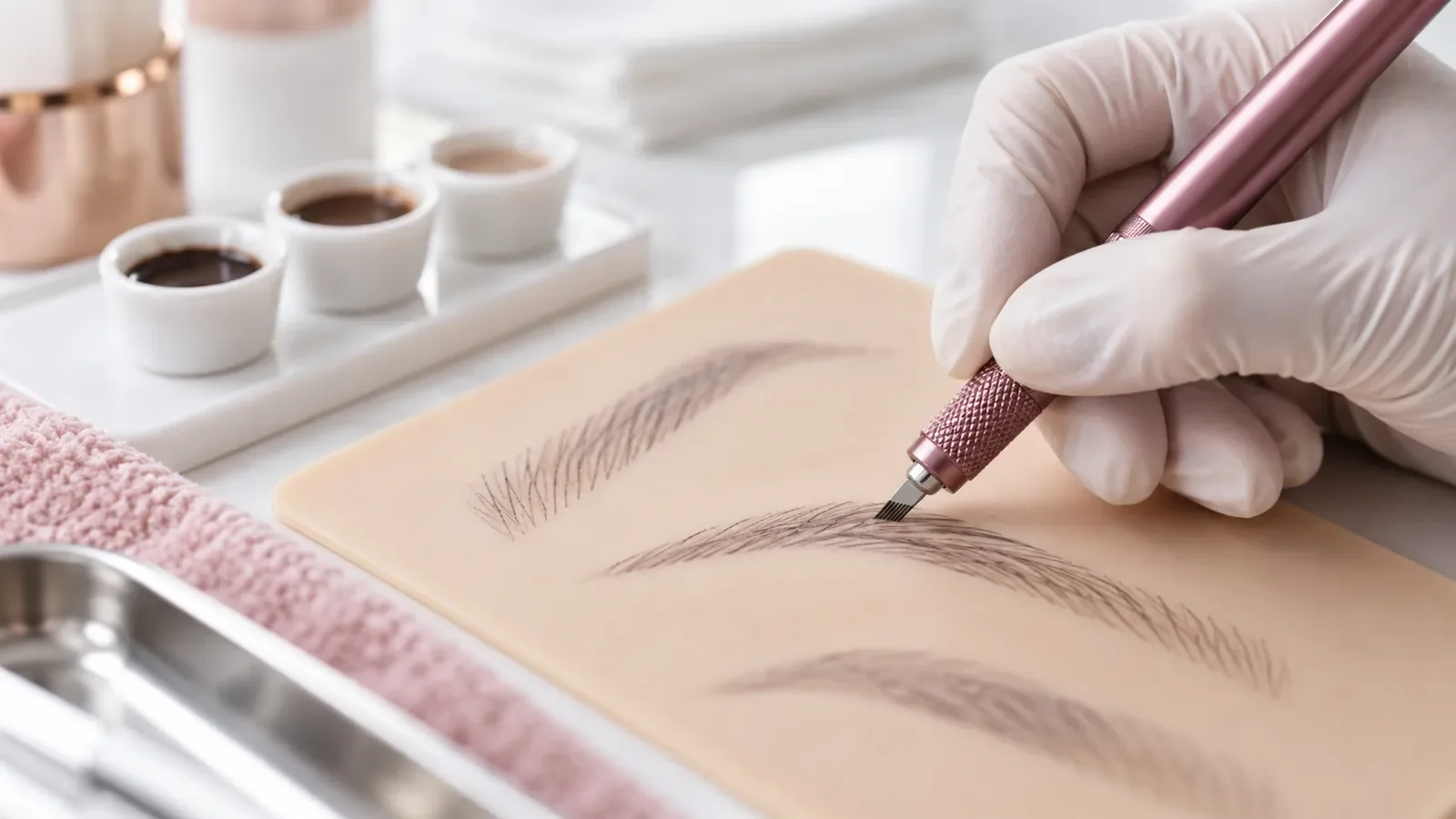 Stylet manuel traçant de fins traits sur un sourcil préparé au crayon blanc