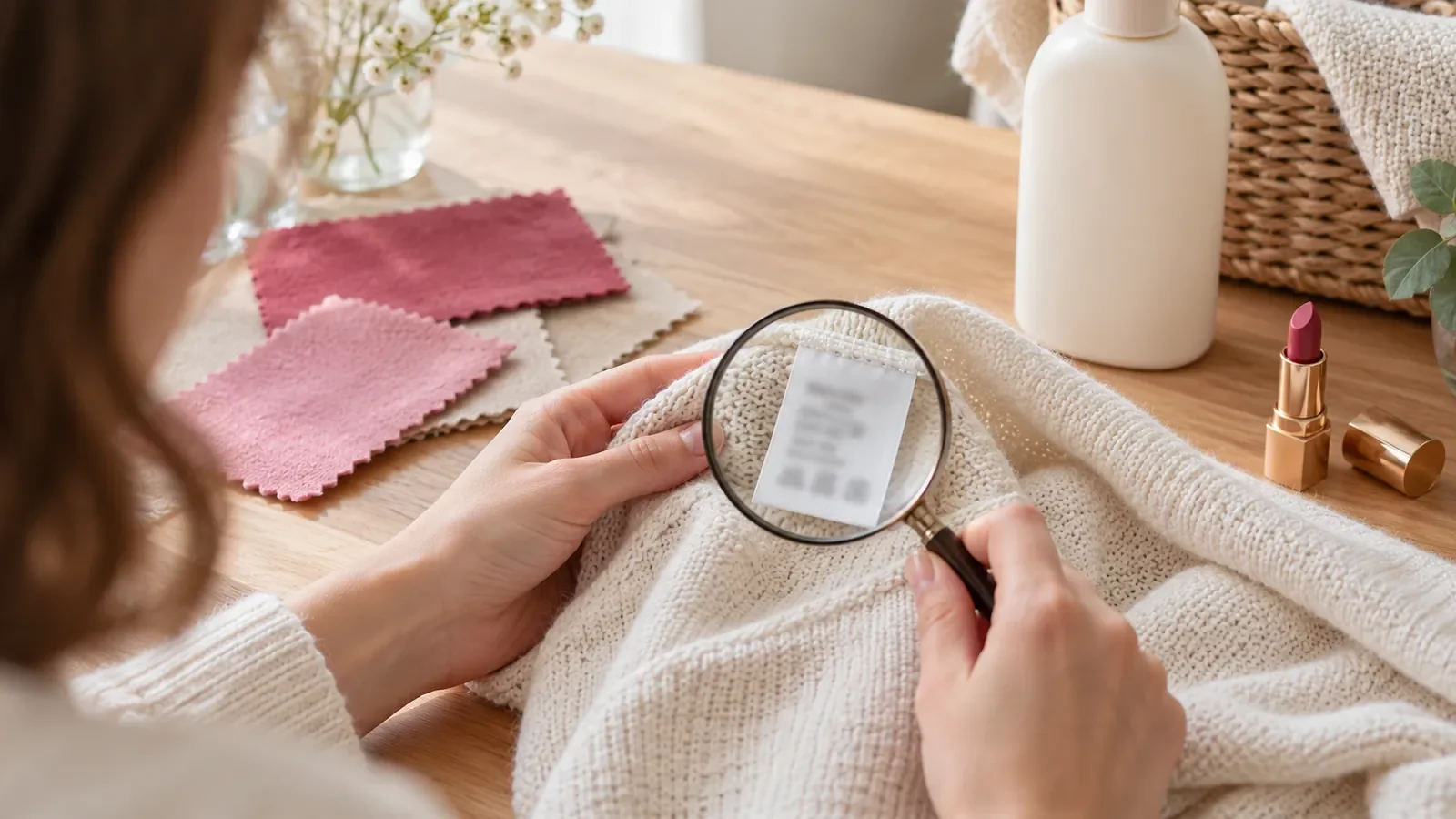Étiquette de vêtement et flacon de cosmétique observés à la loupe sur une table