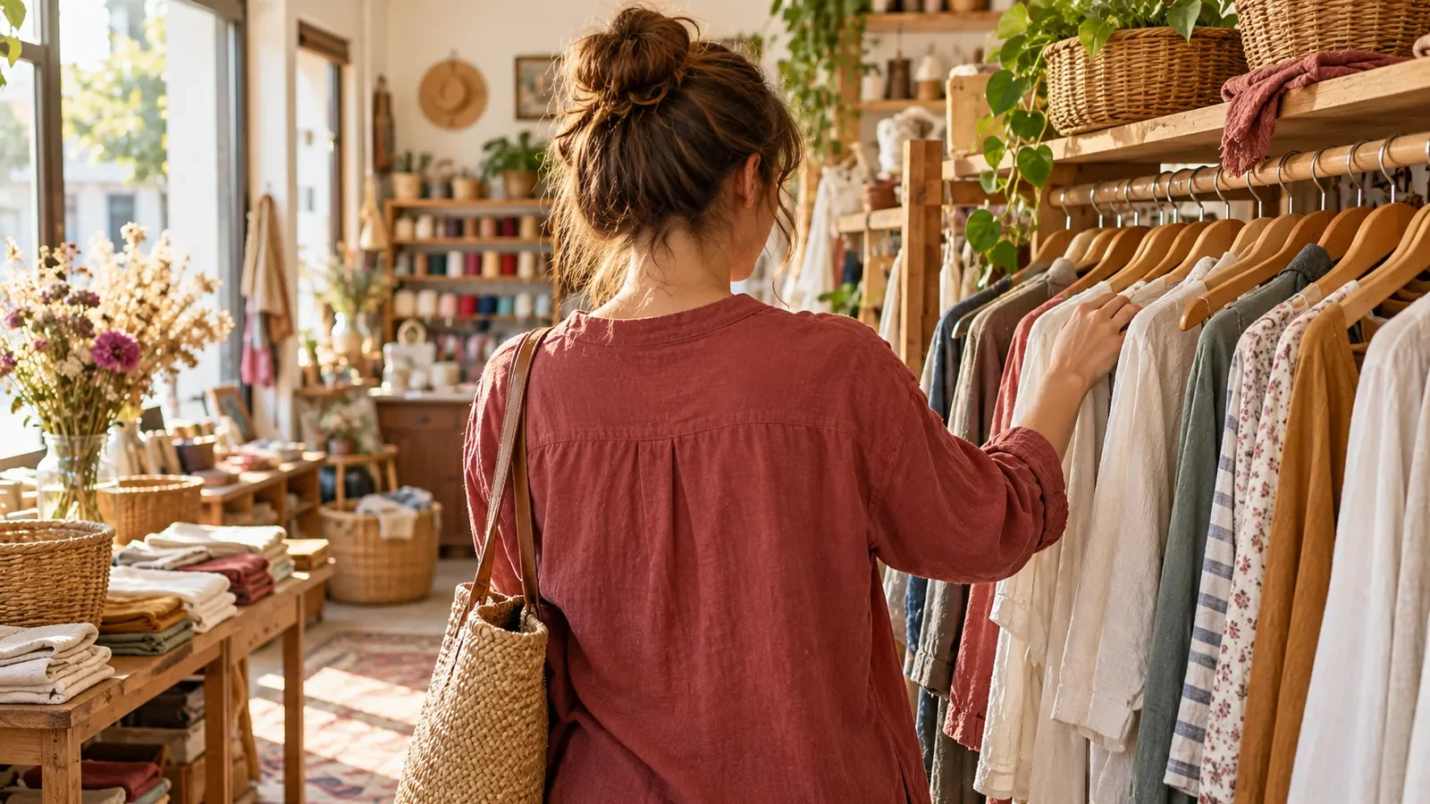 Cliente de dos parcourant des vêtements sur un portant en bois dans une friperie