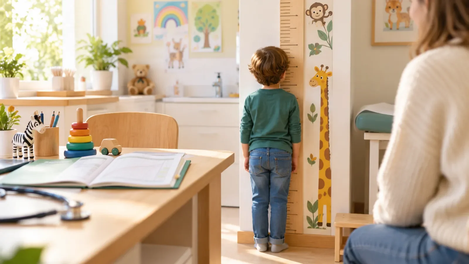 Enfant de dos mesuré contre une toise murale dans un cabinet de pédiatre