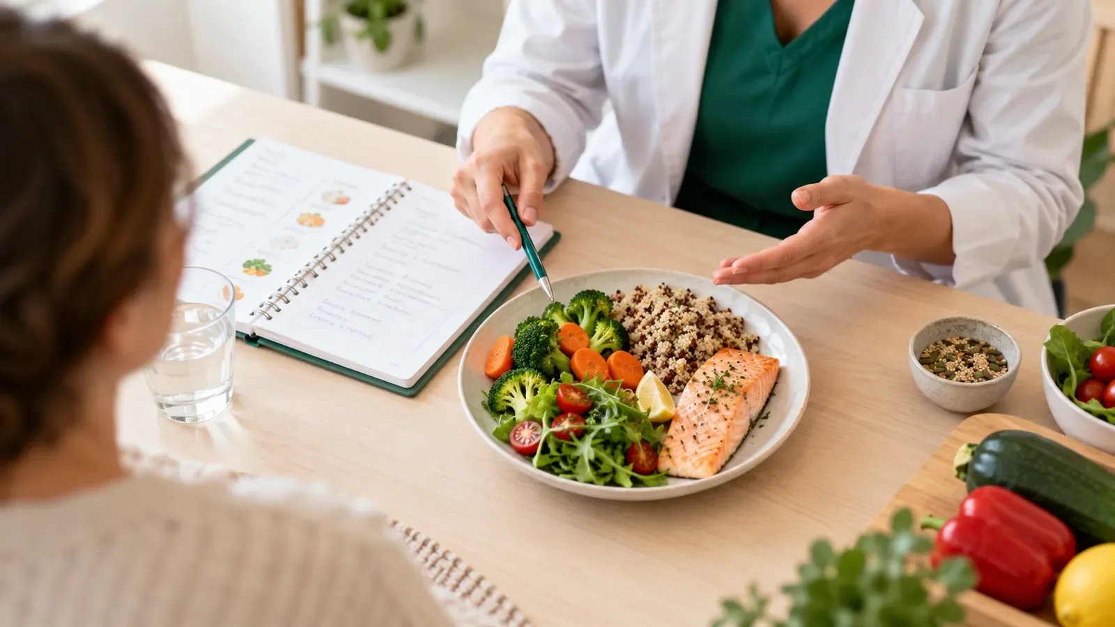 Diététicienne présentant une assiette équilibrée de légumes et poisson sur un bureau