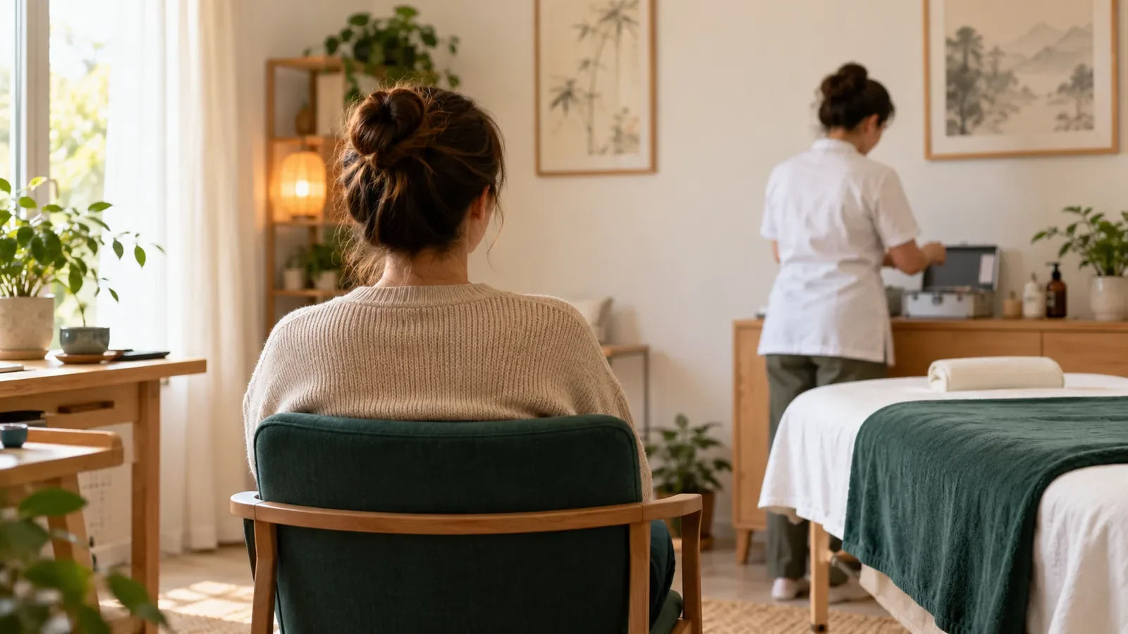 Personne allongée sur une table de soin pendant une séance d'acupuncture dans un cabinet