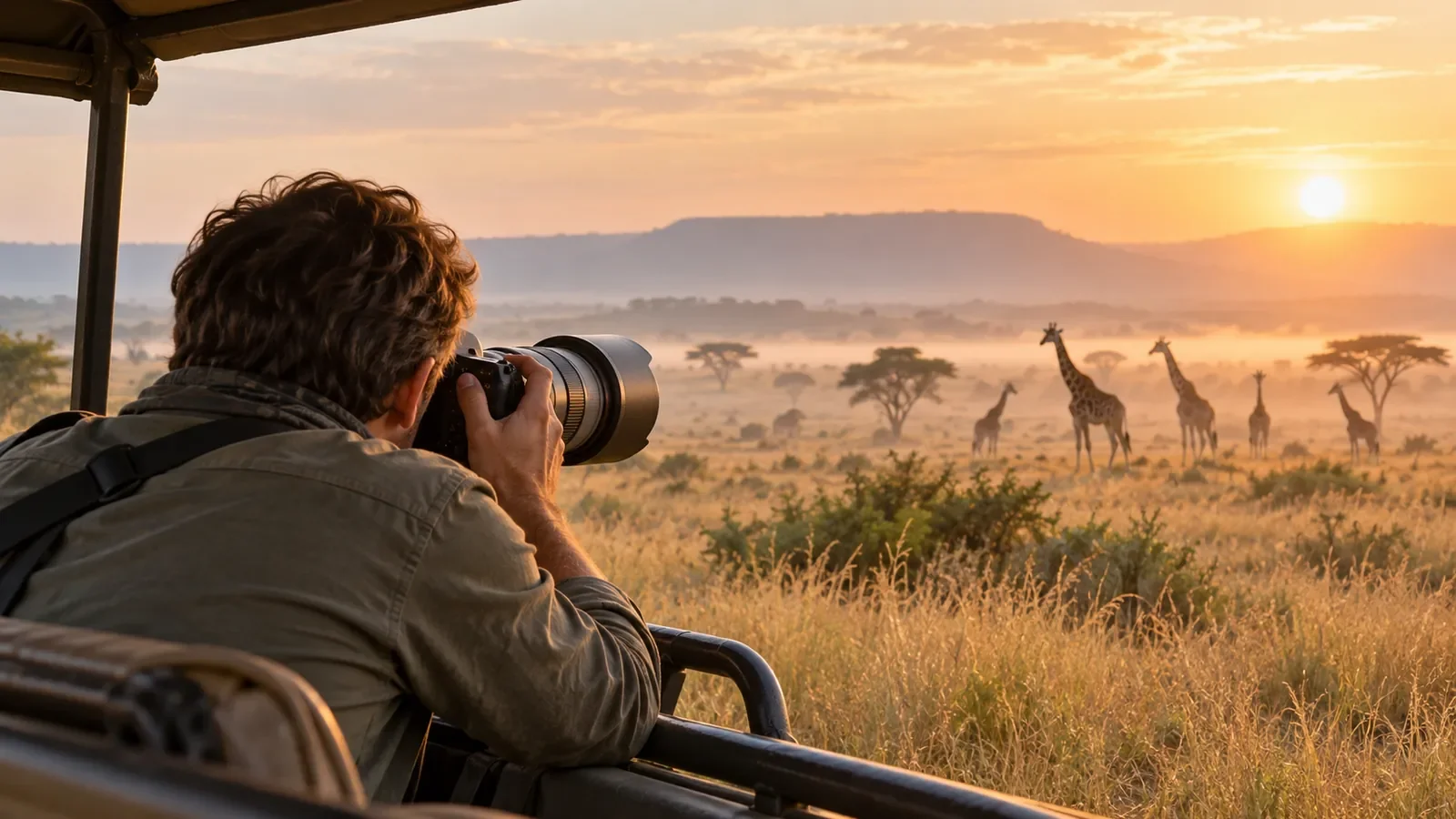 Photographe de dos avec téléobjectif observant des girafes depuis un véhicule en savane