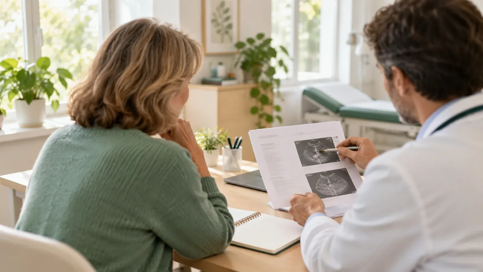 Patiente relisant un compte rendu d'examen avec son médecin dans un cabinet lumineux
