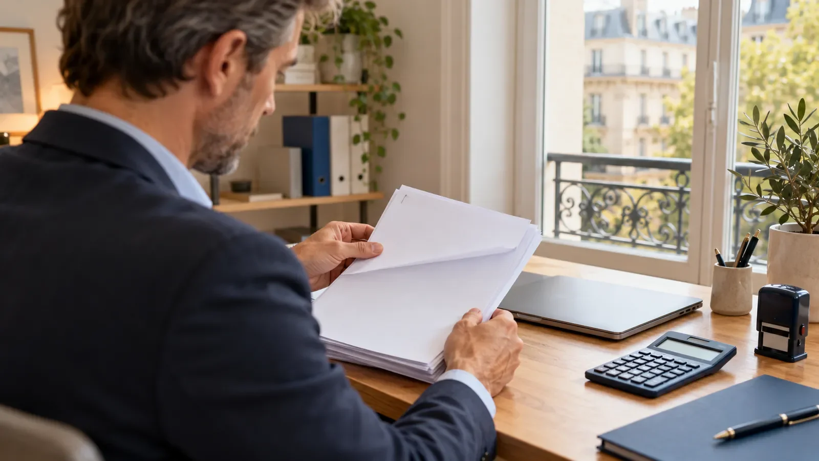Créateur d'entreprise travaillant sur les statuts de sa SASU dans un bureau lumineux