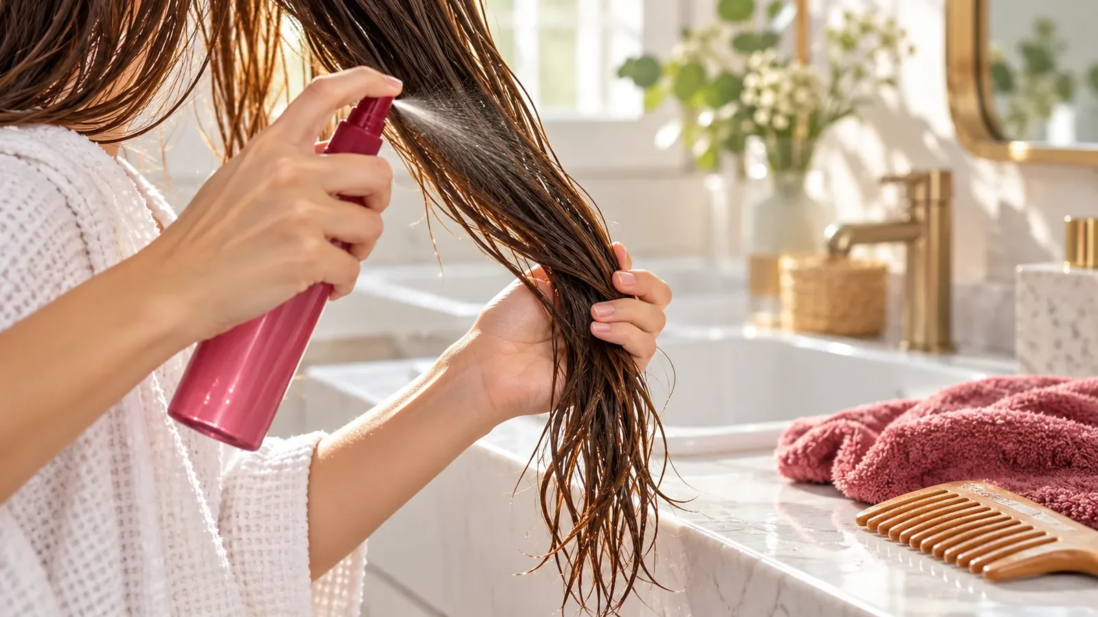 Mains vaporisant un soin sur de longues mèches humides dans une salle de bains