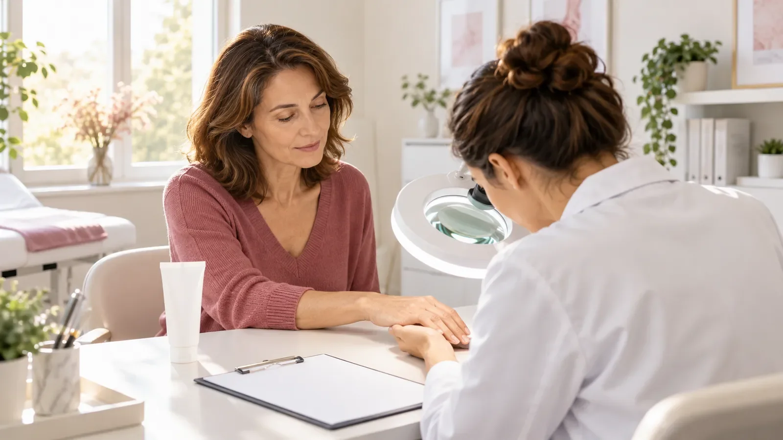 Dermatologue examinant à la loupe le dos de la main d'une patiente