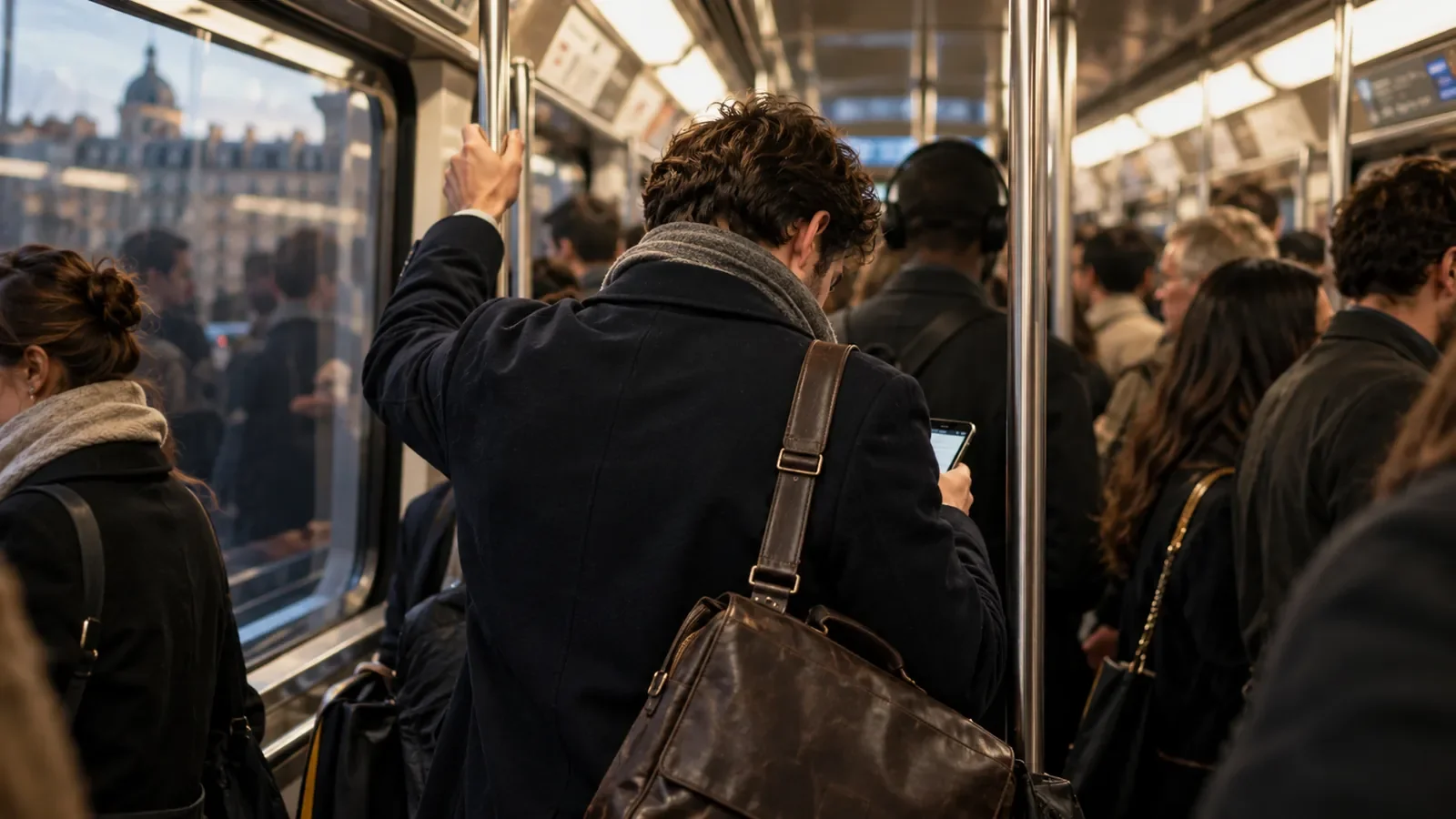 Voyageur de dos tête baissée dans une rame de métro bondée à l'heure de pointe
