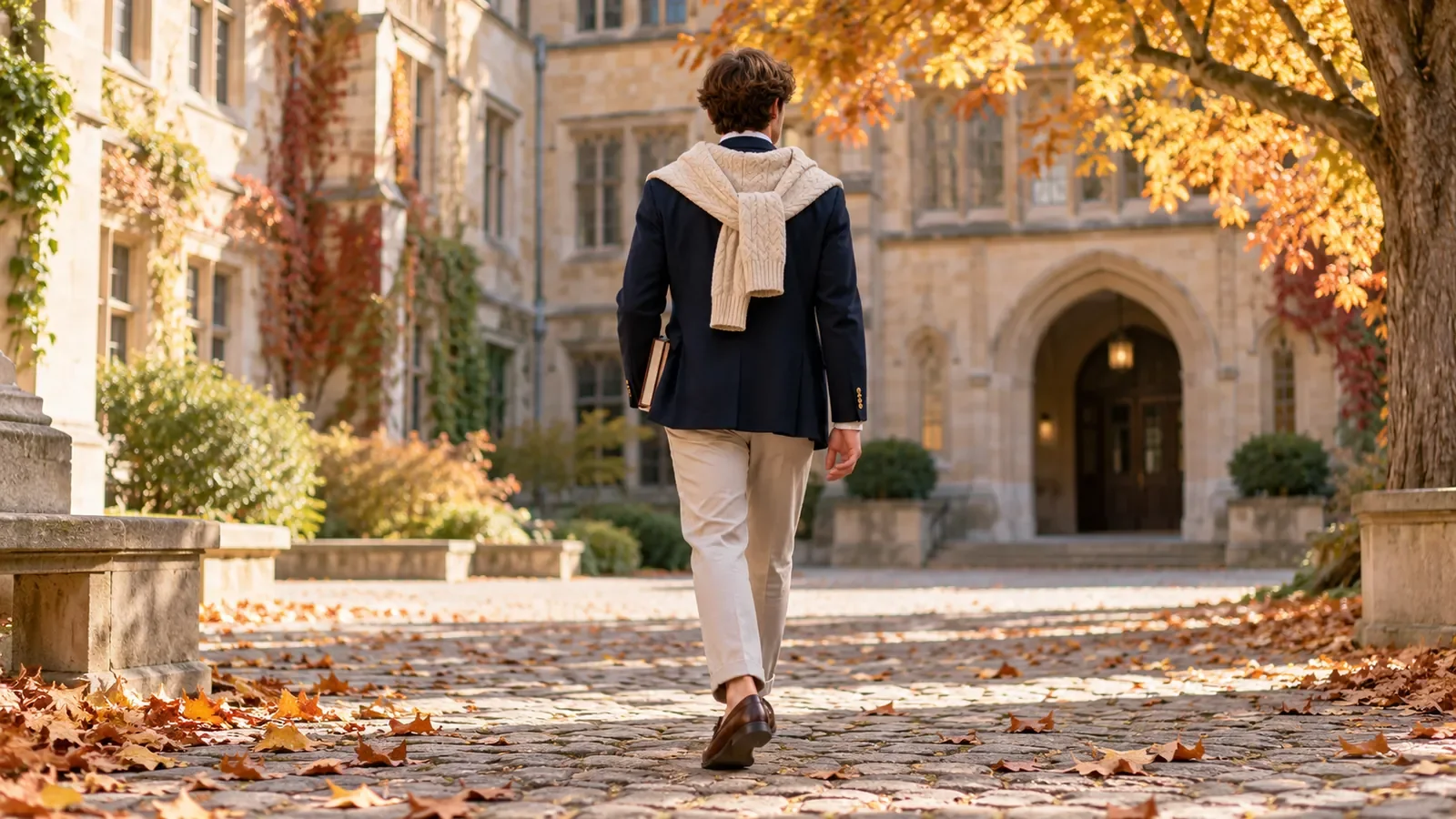 Étudiant de dos en blazer marine et mocassins dans une cour universitaire en automne