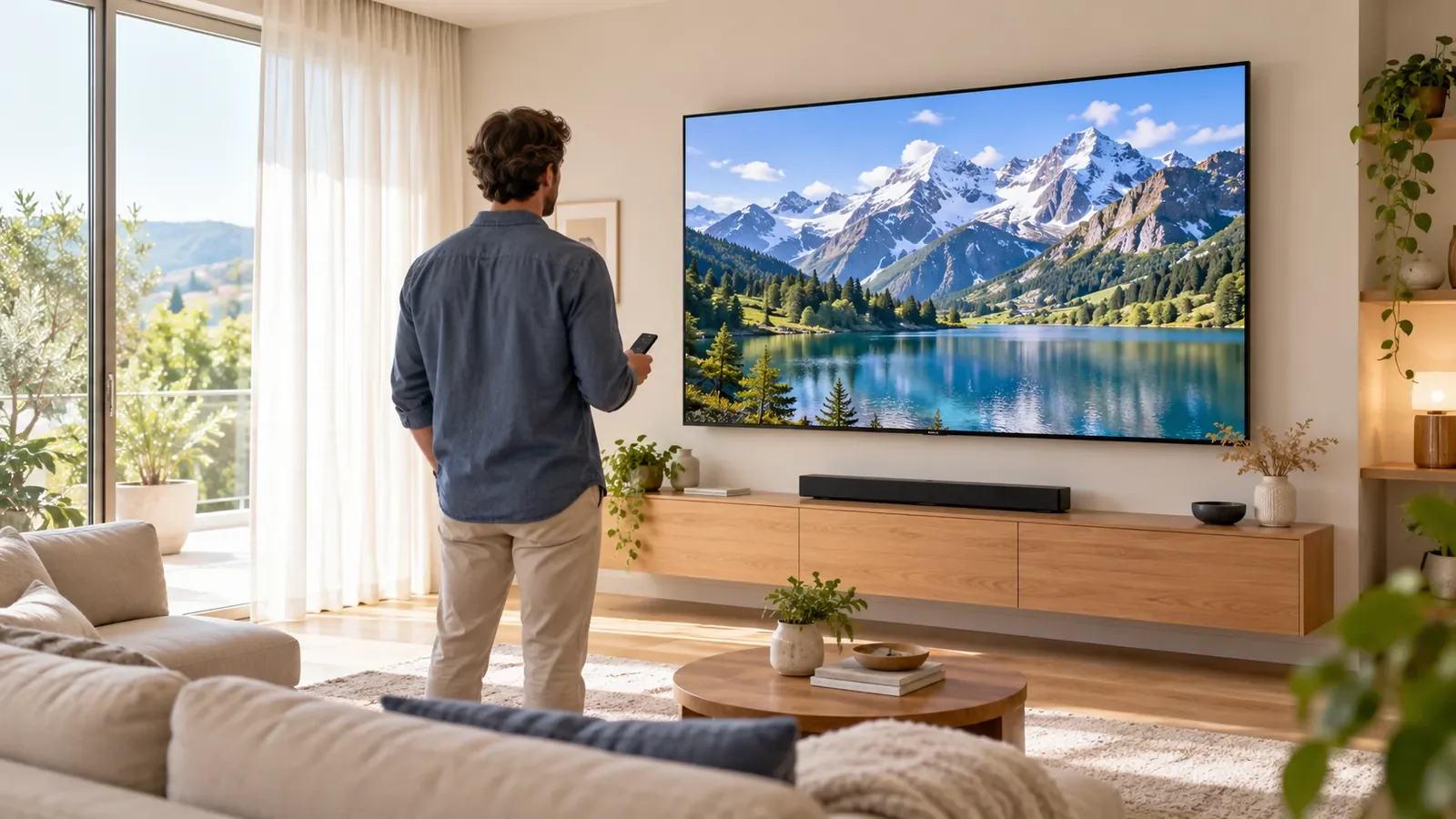 Homme de dos devant un grand téléviseur affichant un paysage de montagne très net