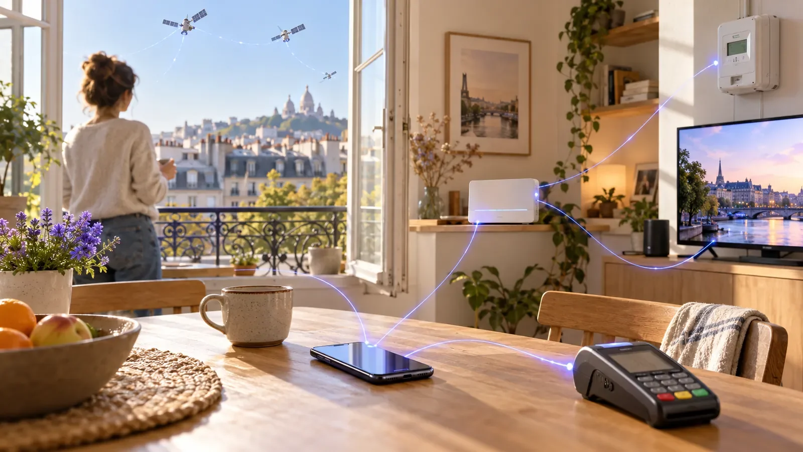 Journée rythmée par des technologies invisibles : smartphone, box, satellites, terminal de paiement et écran de streaming
