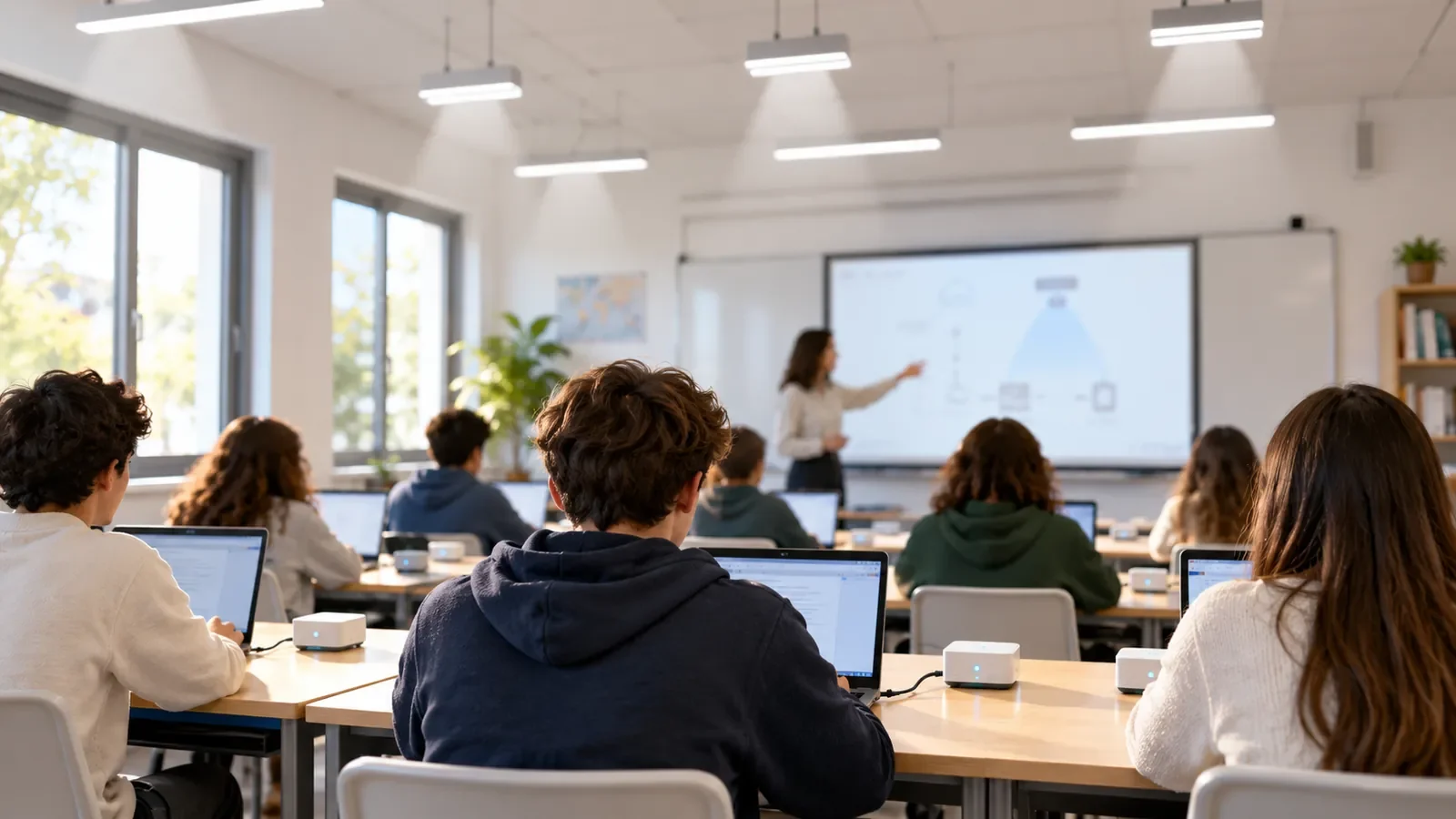 Élèves de dos travaillant sur ordinateurs sous des luminaires LED dans une salle de classe