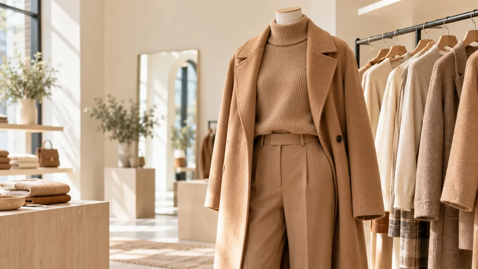 Mannequin vêtu d'une tenue entièrement camel dans une boutique épurée aux murs crème