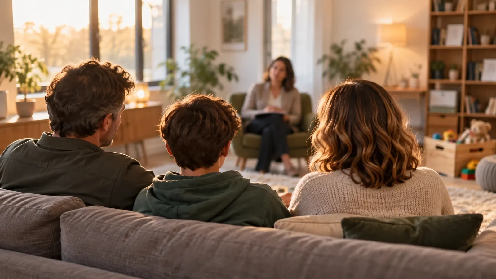 Parents et adolescent de dos sur un canapé face à un thérapeute en séance