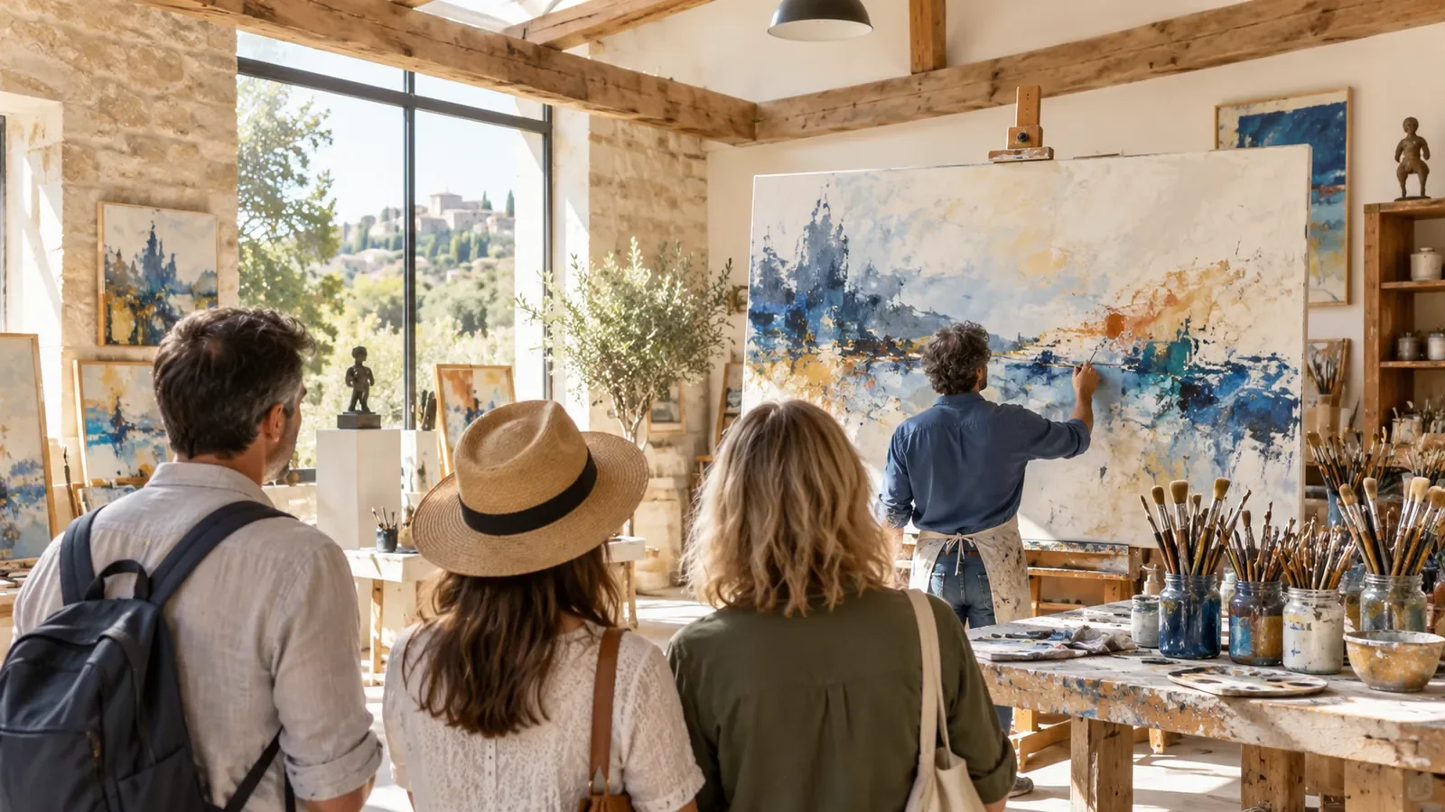 Visiteurs de dos observant un peintre au travail dans un atelier lumineux