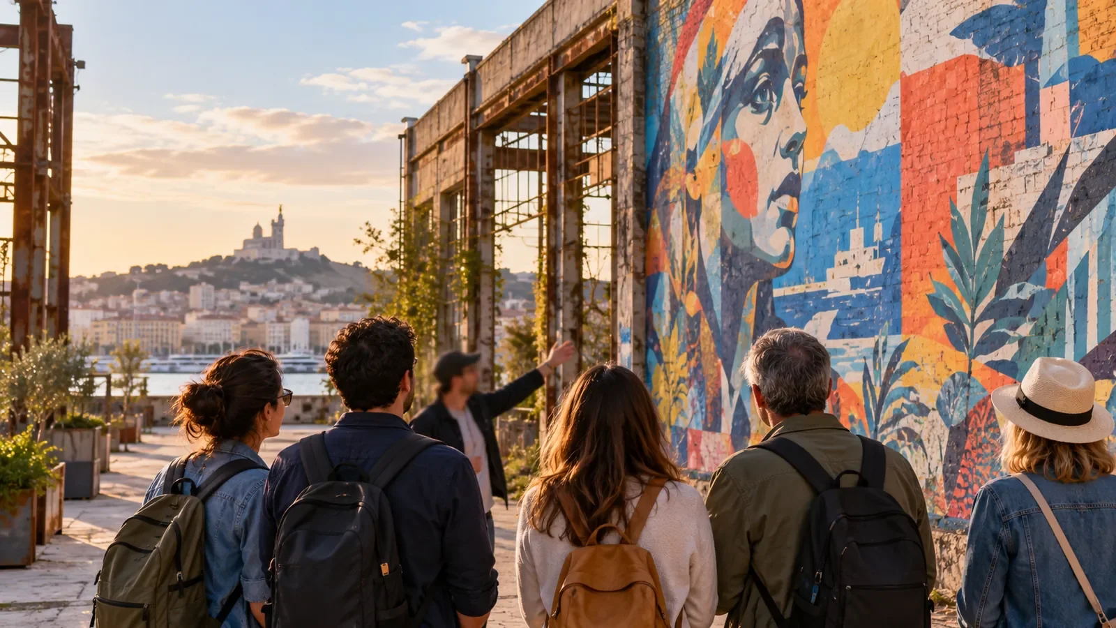 Groupe de dos découvrant une grande fresque murale dans une friche industrielle reconvertie
