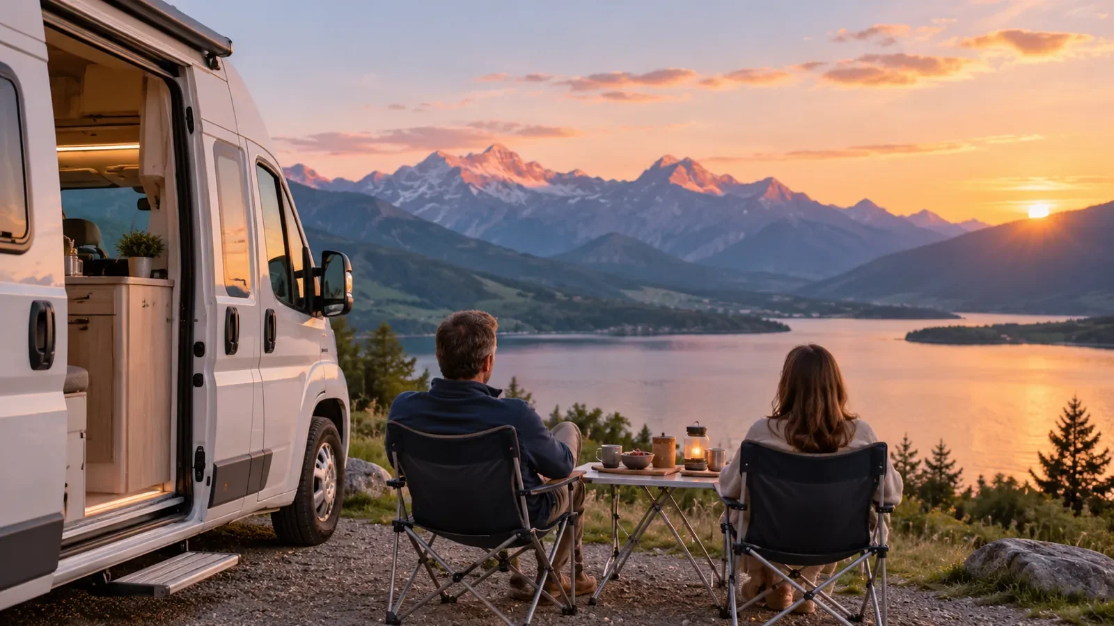 Couple de dos devant un camping-car garé au bord d'un lac au coucher du soleil