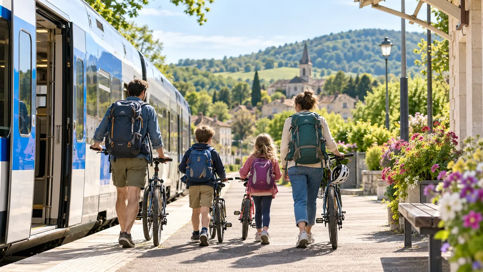 Famille de dos descendant d'un train régional avec sacs à dos et vélos à la campagne