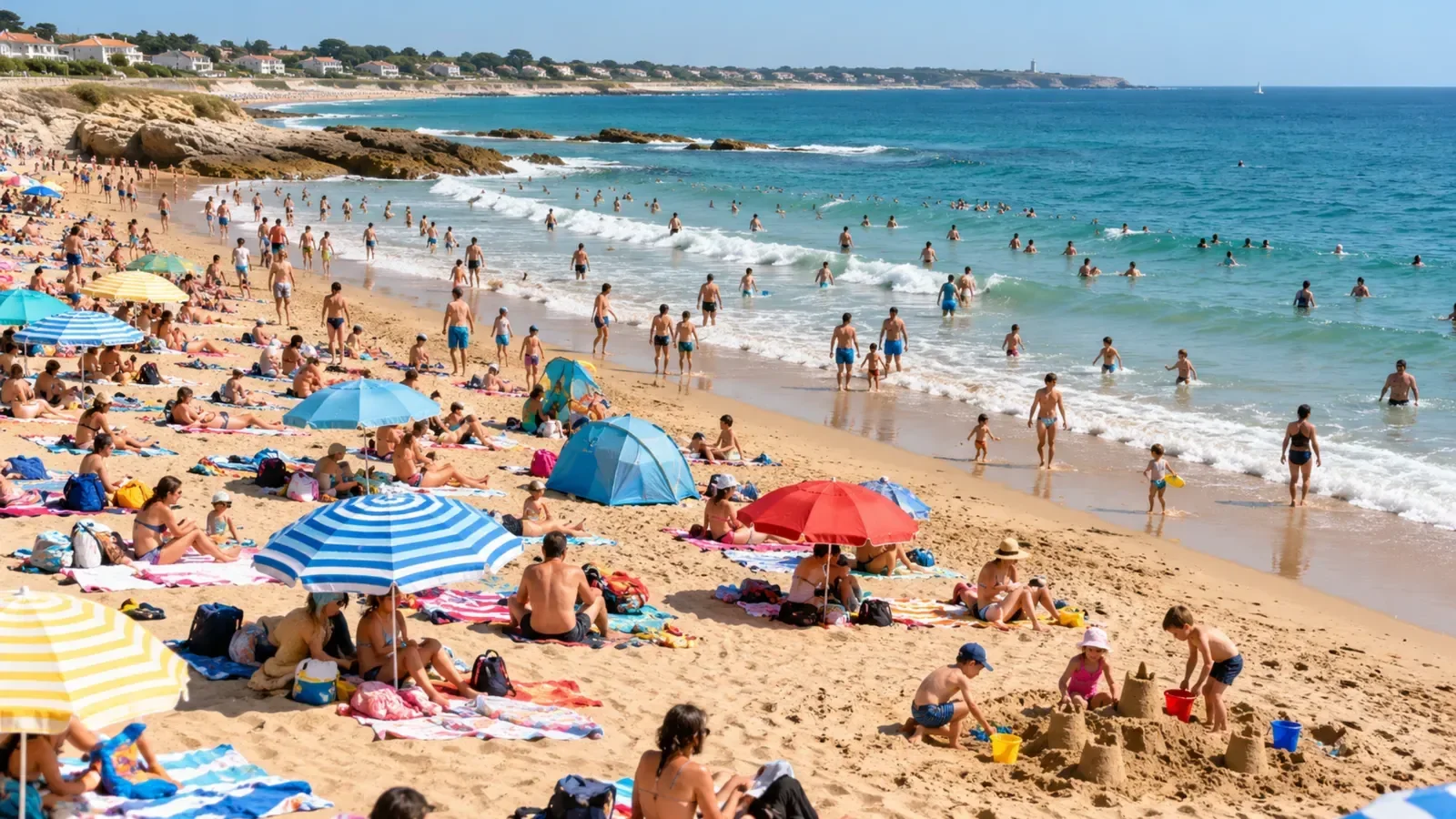 Plage bondée en été vue d'en haut avec parasols colorés et baigneurs