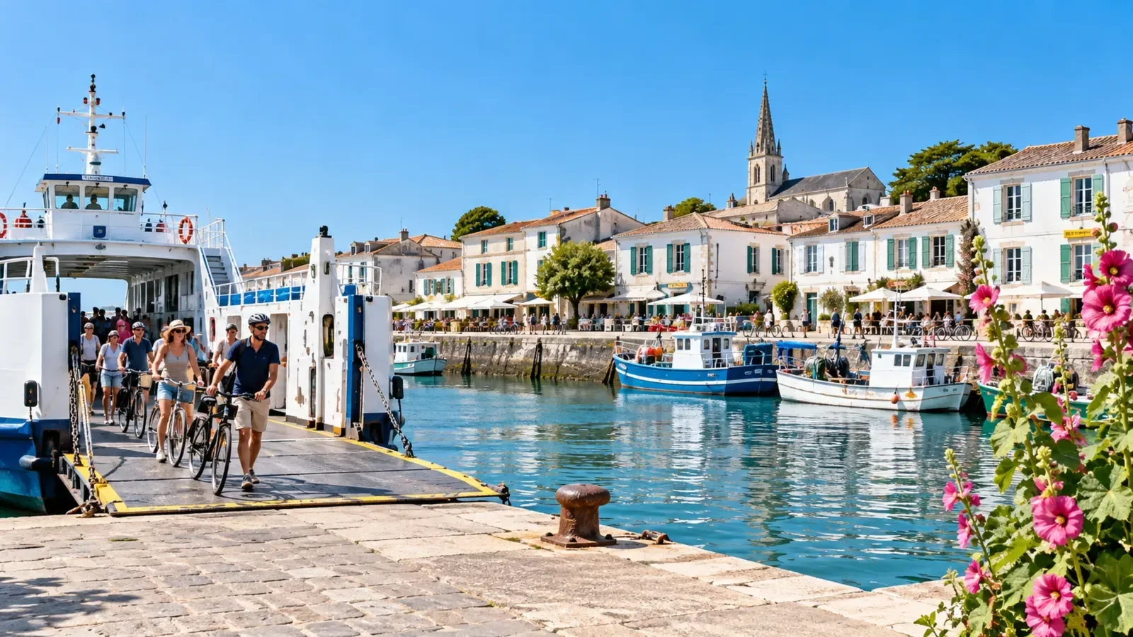 Passagers à vélo débarquant d'un bac dans un petit port insulaire en été