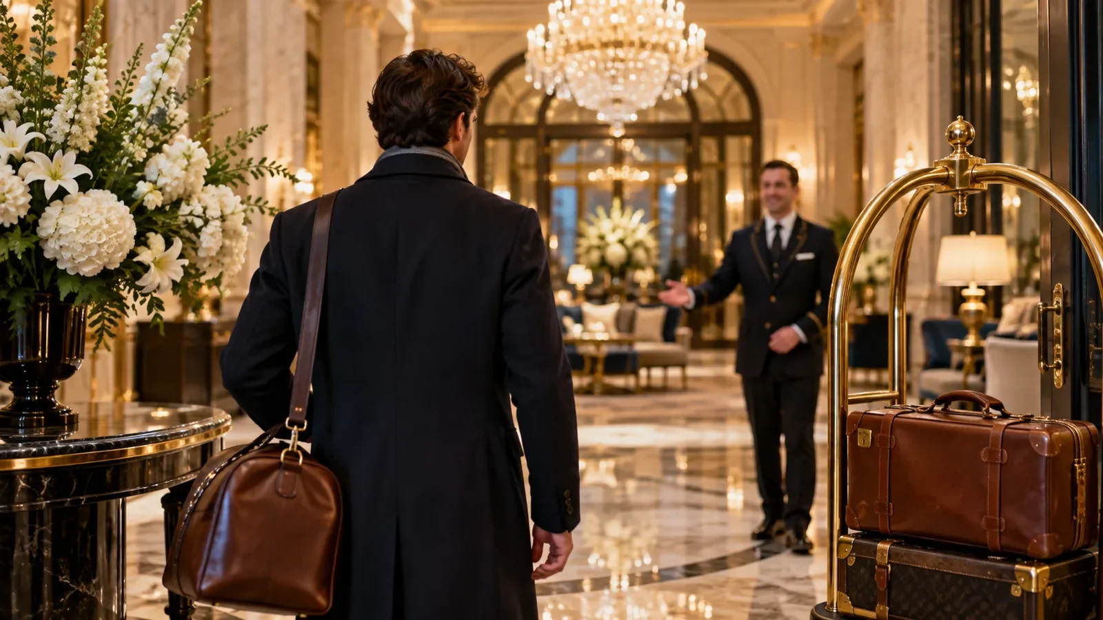 Voyageur de dos accueilli dans le hall en marbre d'un palace avec chariot à bagages