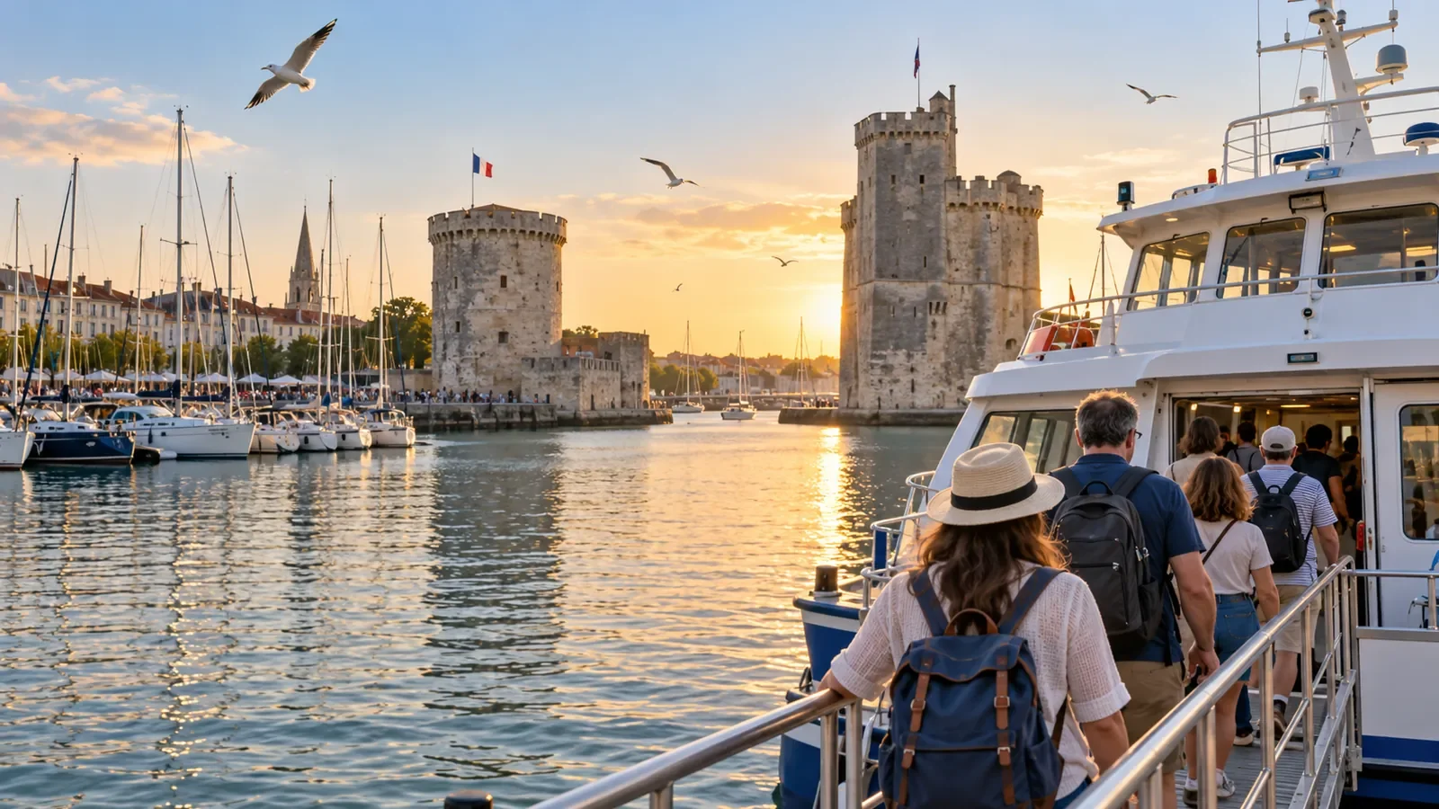 Passagers de dos embarquant sur une vedette dans un port de plaisance historique
