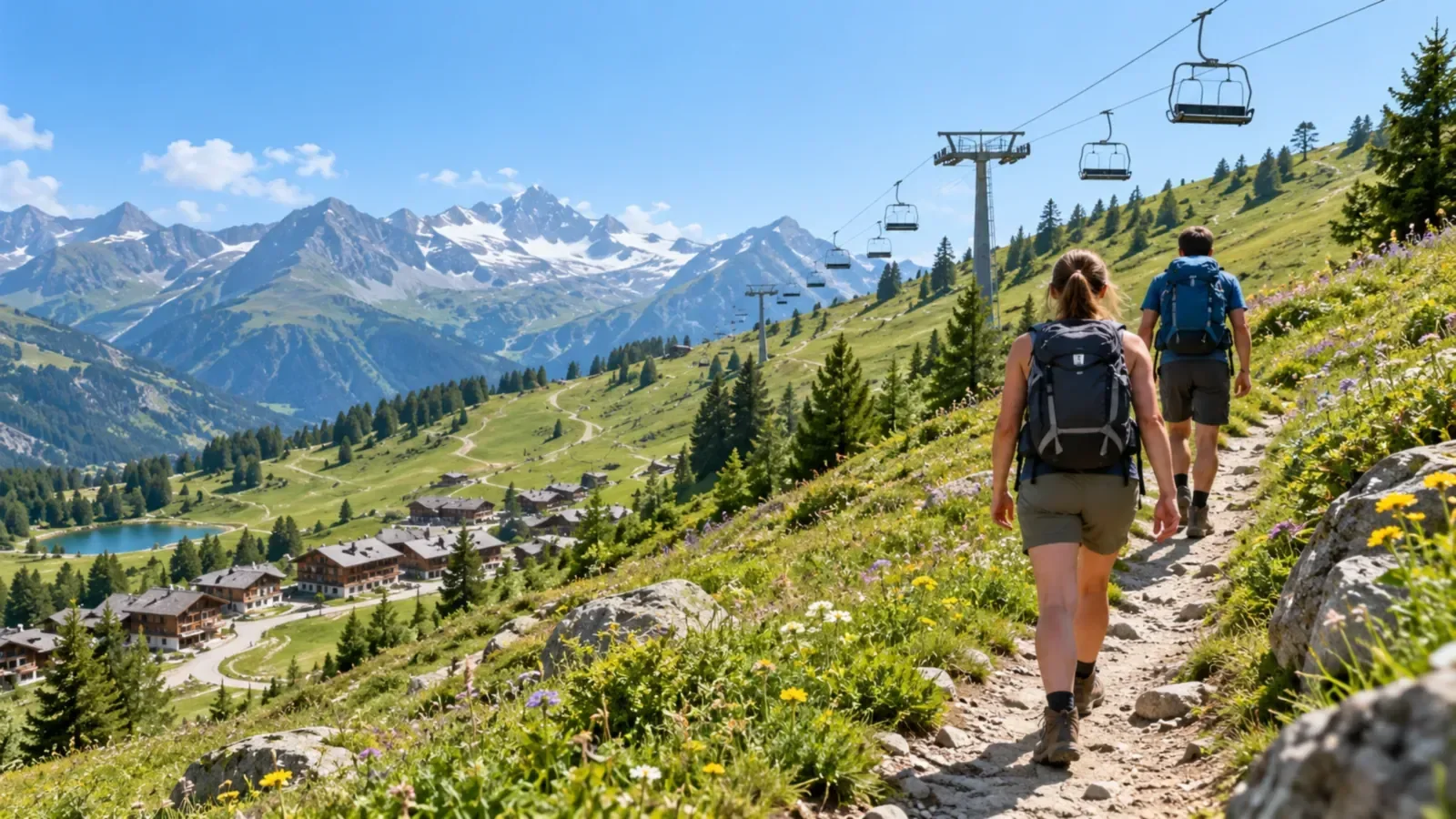 Randonneurs de dos sur un sentier alpin estival sous des télésièges à l'arrêt