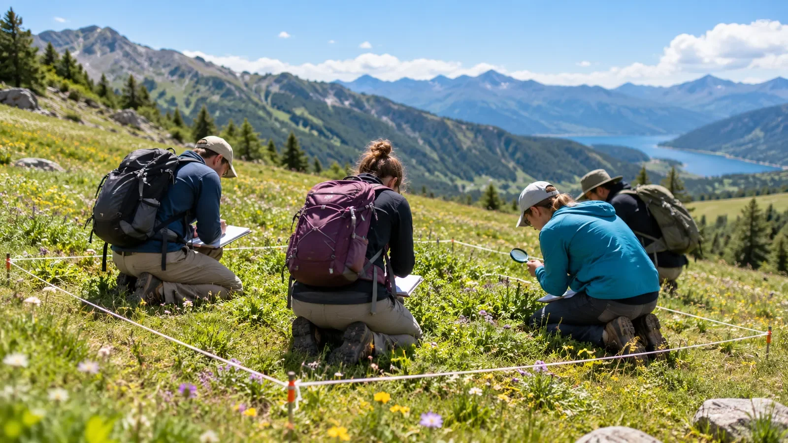 Volontaires de dos comptant des plantes dans un carré délimité sur une prairie