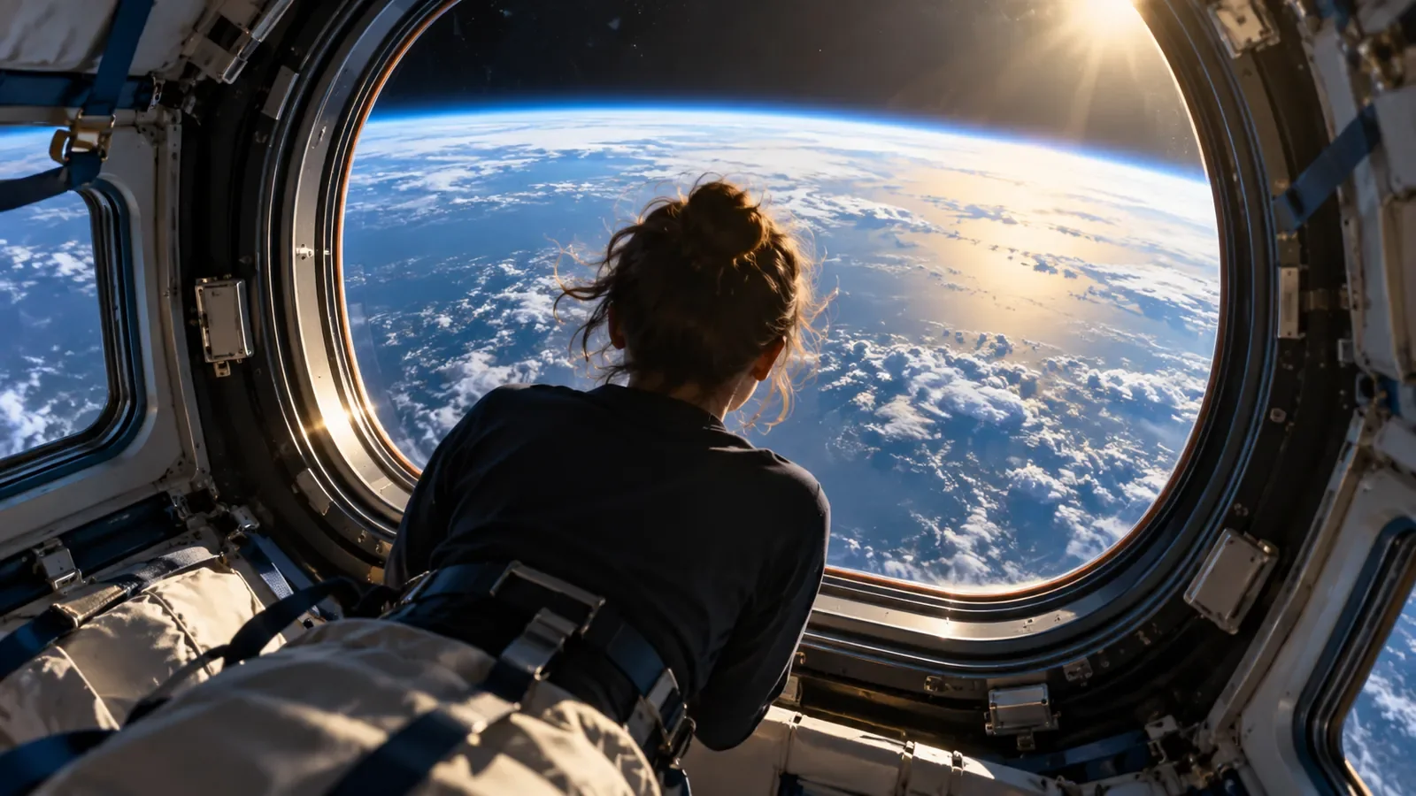 Passager de dos flottant devant un hublot donnant sur la courbure bleue de la Terre