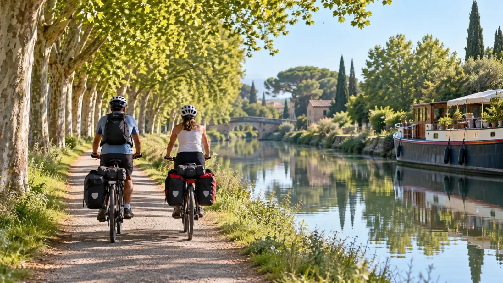 Couple de dos à vélo avec sacoches sur une voie verte longeant un canal