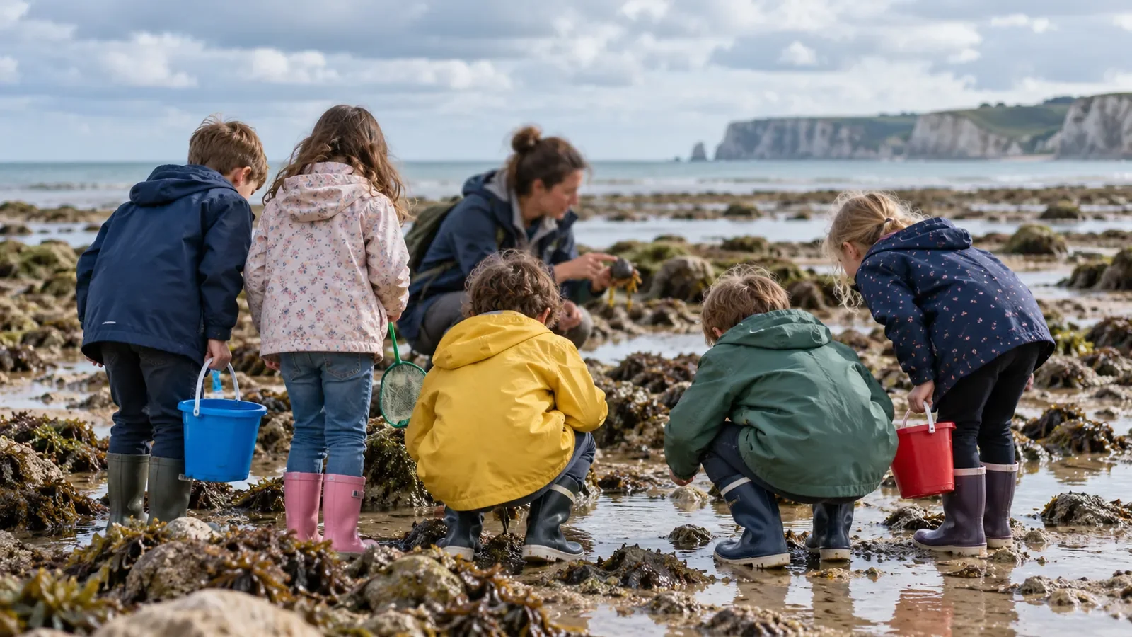Écoliers de dos en bottes observant la vie marine sur une plage à marée basse