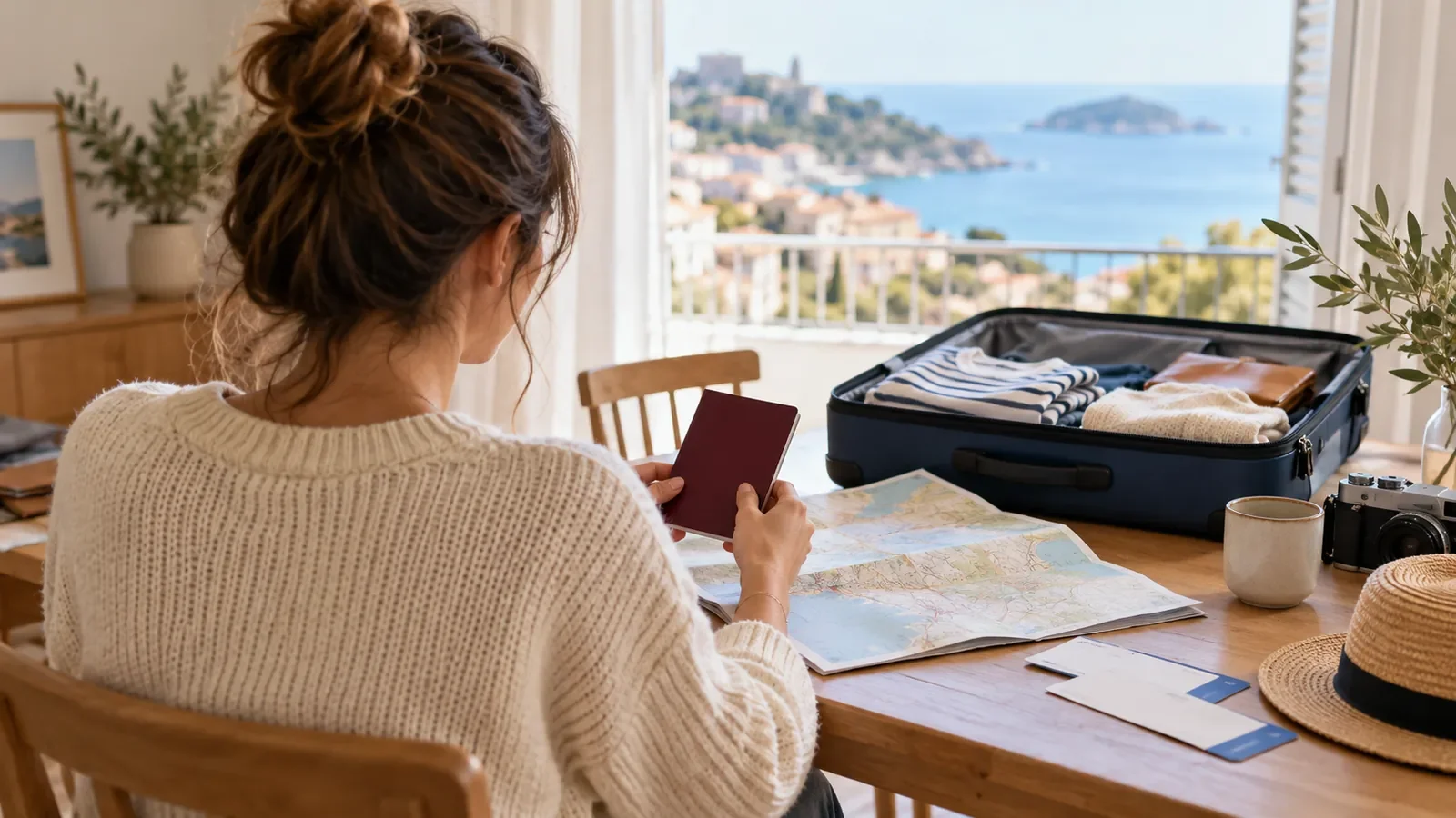 Voyageuse vérifiant son passeport devant une valise ouverte, carte et billets posés sur une table